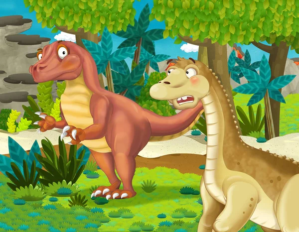 Tecknad Scen Med Dinosaurie Apatosaurus Diplodocus Brontosaurus Med Någon Annan — Stockfoto