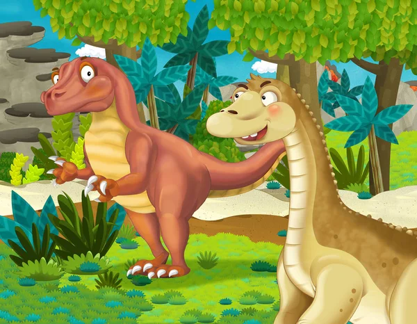 Tecknad Scen Med Dinosaurie Apatosaurus Diplodocus Brontosaurus Med Någon Annan — Stockfoto