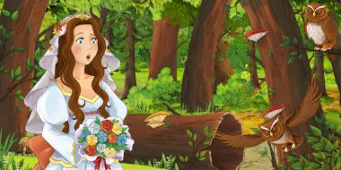 ormanda uçan baykuş çifti karşılaşan mutlu genç kız ile karikatür sahnesi - çocuklar için illüstrasyon