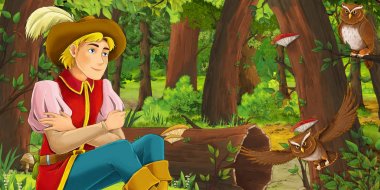 ormanda mutlu genç çocuk Prens ile karikatür sahne baykuşlar uçan çifti karşılaşma-çocuklar için illüstrasyon