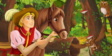 ormanda mutlu genç çocuk Prens ile karikatür sahne baykuşlar uçan çifti karşılaşma-çocuklar için illüstrasyon