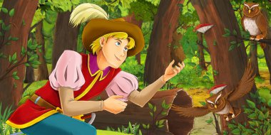 ormanda mutlu genç çocuk Prens ile karikatür sahne baykuşlar uçan çifti karşılaşma-çocuklar için illüstrasyon