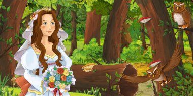 ormanda uçan baykuş çifti karşılaşan mutlu genç kız ile karikatür sahnesi - çocuklar için illüstrasyon