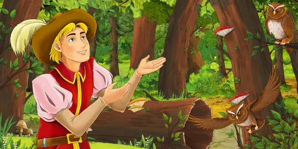 Kreslená Scéna Šťastným Mladým Chlapcem Princem Lese Který Setkala Dvojicí — Stock fotografie