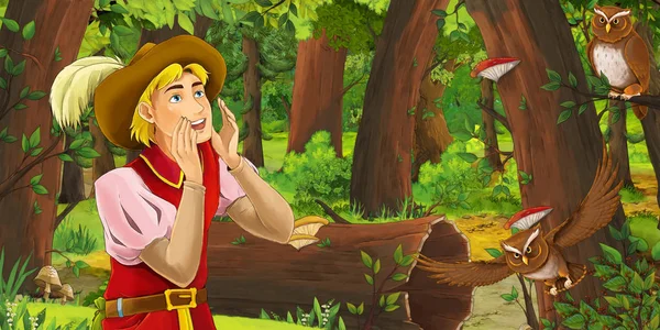 Cartoon Scene Happy Young Boy Prince Forest Encountering Pair Owls — Stock Photo, Image