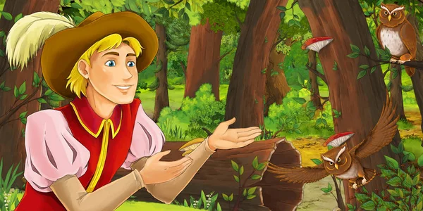 森の中で幸せな少年王子とフクロウのペアが飛んで遭遇する漫画のシーン 子供のためのイラスト — ストック写真