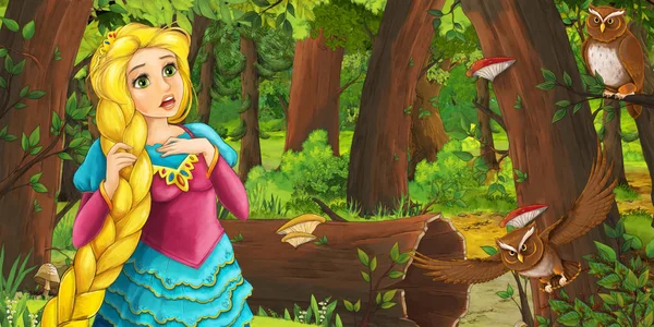 卡通场景与快乐的年轻女孩在森林中遇到一对猫头鹰飞 插图为儿童 — 图库照片