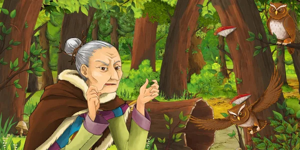 Cartoon Scene Happy Old Woman Witch Sorceress Forest Encountering Pair — Stock Photo, Image