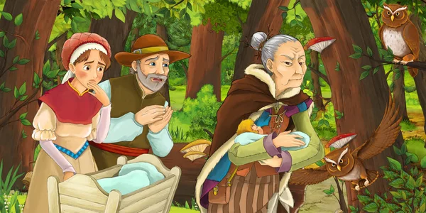 卡通场景与快乐的老妇人女巫女巫和父母在森林中遇到一对猫头鹰飞 插图为儿童 — 图库照片