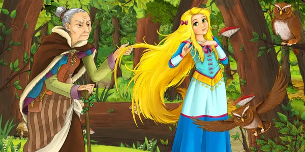 卡通场景与快乐的老妇人女巫女巫女巫女巫与年轻女孩在森林中遇到一对猫头鹰飞 插图为儿童 — 图库照片