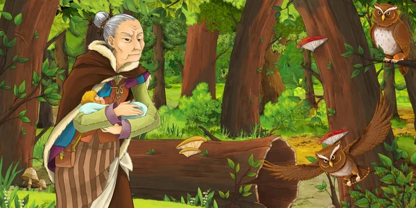 Cartoon Scene Happy Old Woman Witch Sorceress Forest Encountering Pair — Stock Photo, Image