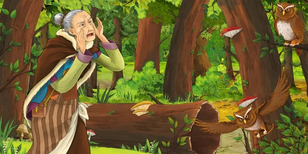 Tecknad Scen Med Happy Old Woman Witch Sorceress Skogen Möter — Stockfoto