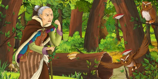 Cartoon Scene Happy Old Woman Witch Sorceress Forest Encountering Pair — Stock Photo, Image