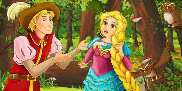 Cartoon Scene Happy Young Girl Boy Prince Princess Forest Encountering — Stock Photo, Image