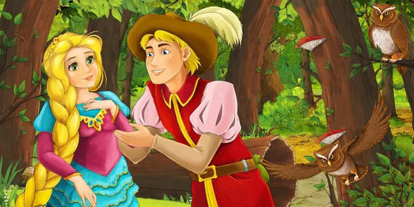 Scène Dessin Animé Avec Heureuse Jeune Fille Garçon Prince Princesse — Photo