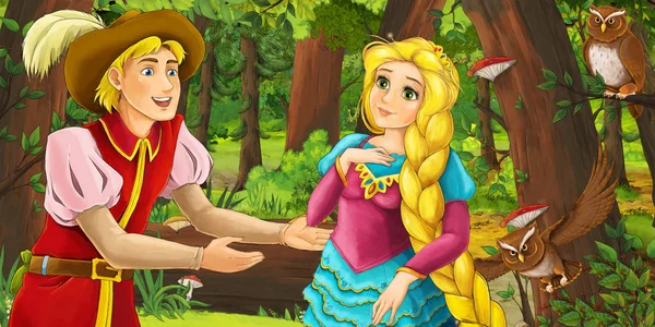 Scène Dessin Animé Avec Heureuse Jeune Fille Garçon Prince Princesse — Photo