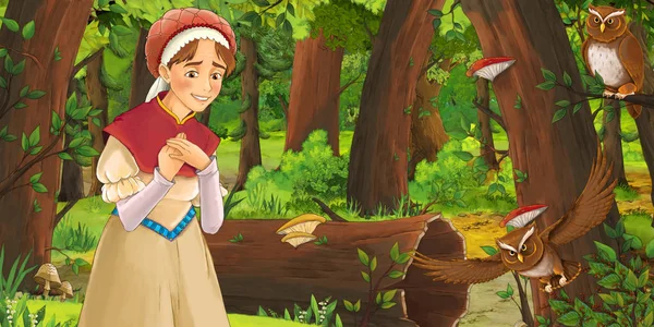 卡通场景与快乐的女人在森林遇到一对猫头鹰 插图为儿童 — 图库照片