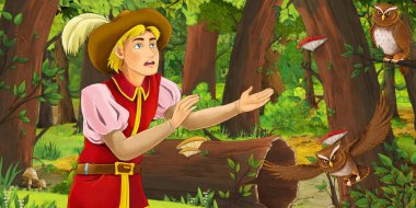 ormanda mutlu genç çocuk Prens ile karikatür sahne baykuşlar uçan çifti karşılaşma-çocuklar için illüstrasyon