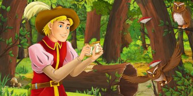 ormanda mutlu genç çocuk Prens ile karikatür sahne baykuşlar uçan çifti karşılaşma-çocuklar için illüstrasyon