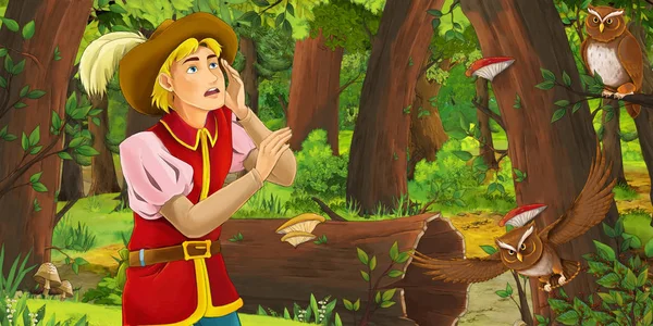 Cartoon Scene Happy Young Boy Prince Forest Encountering Pair Owls — Stock Photo, Image