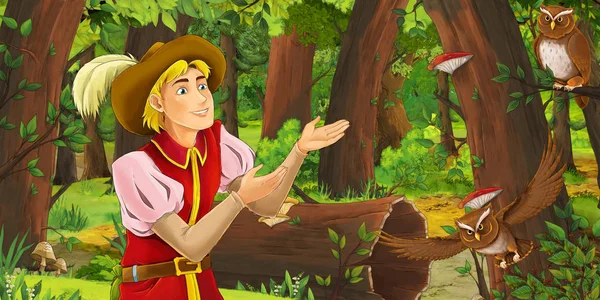 Kreslená Scéna Šťastným Mladým Chlapcem Princem Lese Který Setkala Dvojicí — Stock fotografie