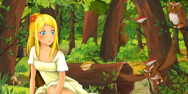 Scène Dessin Animé Avec Une Jeune Fille Heureuse Dans Forêt — Photo