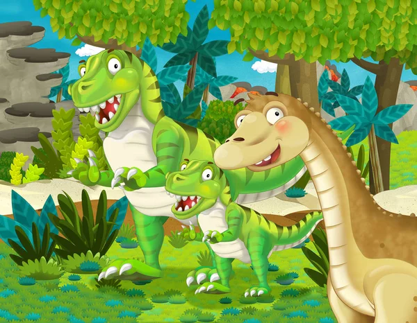 정글에서 자신의 아이와 공룡과 아파토사우루스 디플로도쿠스 브론토사우루스와 어린이를위한 — 스톡 사진