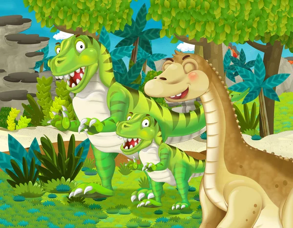 정글에서 자신의 아이와 공룡과 아파토사우루스 디플로도쿠스 브론토사우루스와 어린이를위한 — 스톡 사진