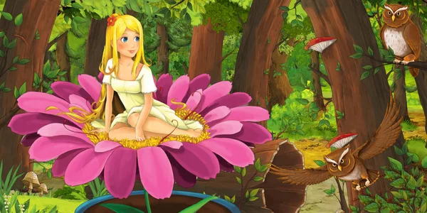 Scena Kreskówki Szczęśliwą Młodą Dziewczyną Lesie Napotykają Parę Sowy Latający — Zdjęcie stockowe