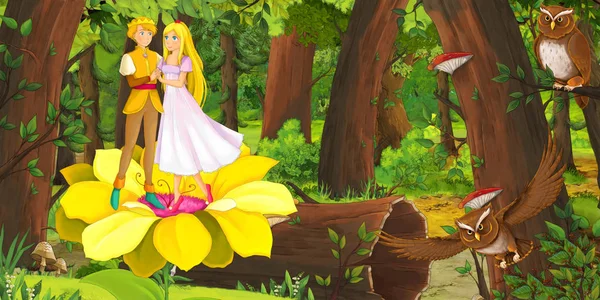 卡通场景与快乐的年轻精灵女孩和男孩王子和公主在森林中遇到一对猫头鹰飞 插图为儿童 — 图库照片