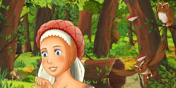 Cartoonszene Mit Glücklicher Frau Wald Die Einem Eulenpaar Begegnet Illustration — Stockfoto