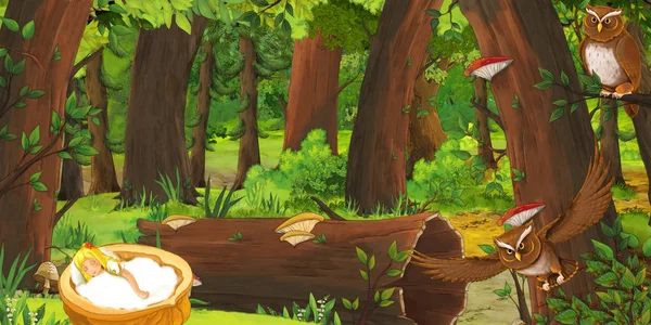 Kreslená Scéna Šťastným Mladým Elfským Děvčetem Lese Kde Setkávají Dvojice — Stock fotografie