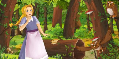 ormanda uçan baykuş çifti karşılaşan mutlu genç kız ile karikatür sahnesi - çocuklar için illüstrasyon