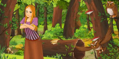 ormanda uçan baykuş çifti karşılaşan mutlu genç kız ile karikatür sahnesi - çocuklar için illüstrasyon