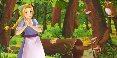 ormanda uçan baykuş çifti karşılaşan mutlu genç kız ile karikatür sahnesi - çocuklar için illüstrasyon