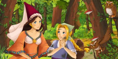 mutlu genç kız ve ormanda prenses büyücü uçan baykuş çifti karşılaşan karikatür sahnesi - çocuklar için illüstrasyon