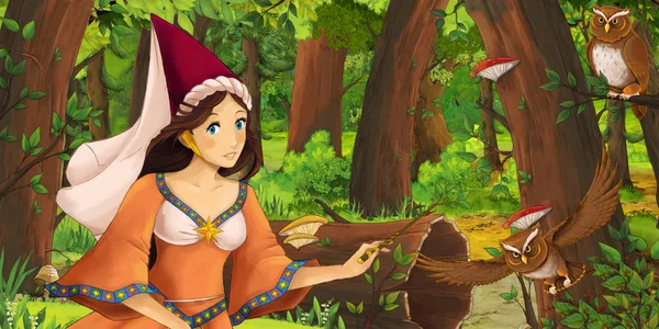 ormanda uçan baykuş çifti karşılaşan mutlu genç kız prenses büyücü ile karikatür sahnesi - çocuklar için illüstrasyon