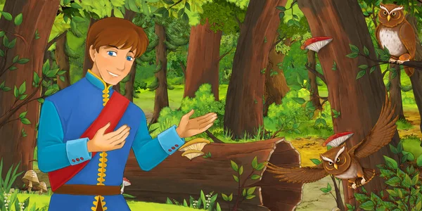 卡通场景与快乐的小男孩王子在森林遇到一对猫头鹰飞 插图为儿童 — 图库照片