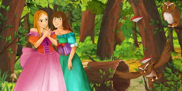 フクロウのペアに遭遇する森の中で幸せな若い女の子と王女の魔術師との漫画のシーン 子供のためのイラスト — ストック写真