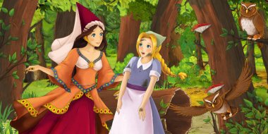 mutlu genç kız ve ormanda prenses büyücü uçan baykuş çifti karşılaşan karikatür sahnesi - çocuklar için illüstrasyon