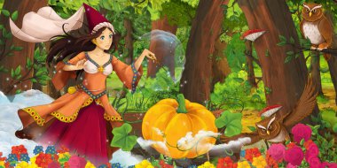 mutlu genç kız prenses büyücü ile çizgi film sahnesi ormanda uçan baykuş çifti karşılaşan - çocuklar için illüstrasyon