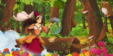 ormanda uçan baykuş çifti karşılaşan mutlu genç kız prenses büyücü ile karikatür sahnesi - çocuklar için illüstrasyon