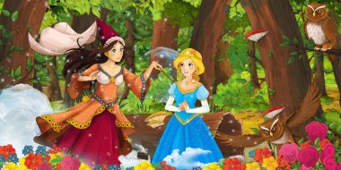 mutlu genç kız ve ormanda prenses büyücü uçan baykuş çifti karşılaşan karikatür sahnesi - çocuklar için illüstrasyon