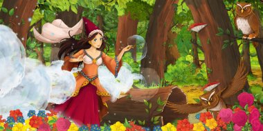 ormanda uçan baykuş çifti karşılaşan mutlu genç kız prenses büyücü ile karikatür sahnesi - çocuklar için illüstrasyon