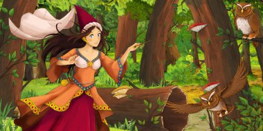 ormanda uçan baykuş çifti karşılaşan mutlu genç kız prenses büyücü ile karikatür sahnesi - çocuklar için illüstrasyon