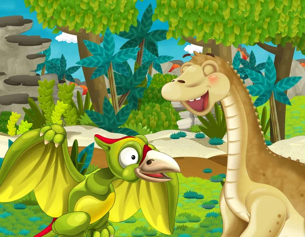 정글에서 공룡과 Apatosaurus 디플로도쿠스 브론토사우루스와 아파토사우루스 디플로도쿠스 브론토사우루스와 어린이 장면에 — 스톡 사진
