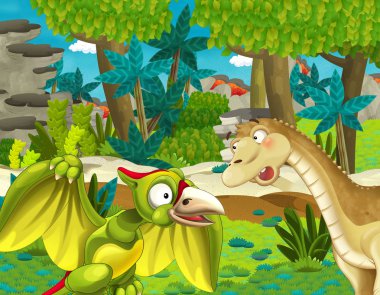 ormanda başka bir dinozor ile dinozor apatosaurus diplodocus brontosaurus ile karikatür sahne - dinozor apatosaurus diplodocus brontosaurus pterodactyl gibi diğer uçan dinozor ile çocuk karikatür sahne için illüstrasyon 