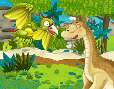 ormanda başka bir dinozor ile dinozor apatosaurus diplodocus brontosaurus ile karikatür sahne - dinozor apatosaurus diplodocus brontosaurus pterodactyl gibi diğer uçan dinozor ile çocuk karikatür sahne için illüstrasyon 