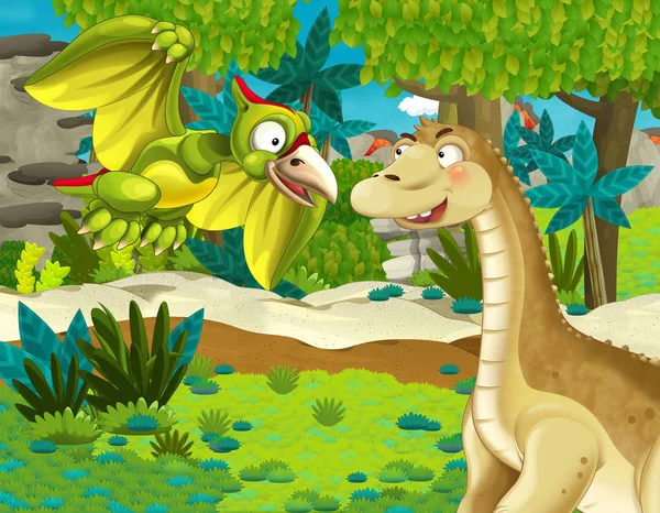 Cena Dos Desenhos Animados Com Dinossauro Apatosaurus Diplodocus Brontossauro Com — Fotografia de Stock