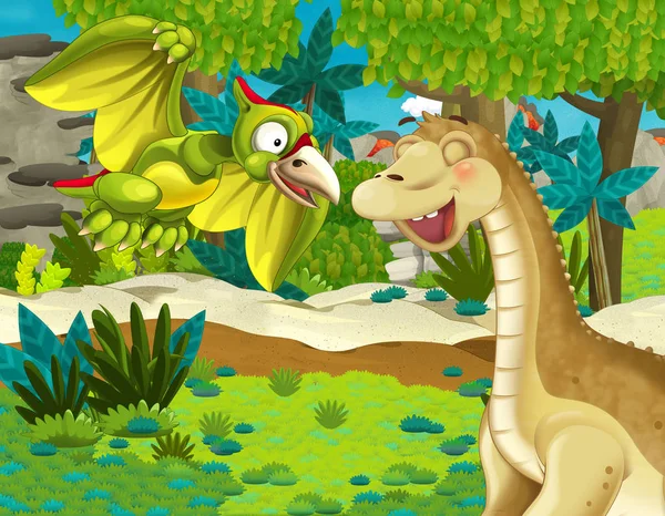정글에서 공룡과 Apatosaurus 디플로도쿠스 브론토사우루스와 아파토사우루스 디플로도쿠스 브론토사우루스와 어린이 장면에 — 스톡 사진